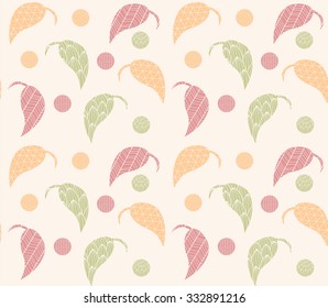 Seamless pattern with hand drawn leaves with line patterns, vector illustration