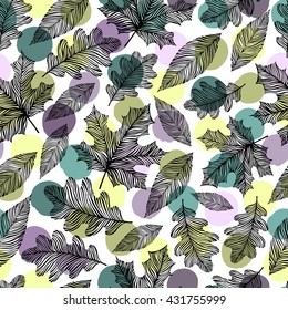 Seamless pattern with hand drawn leaves on a polka dot background