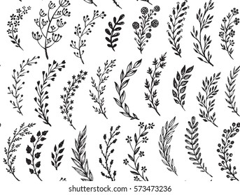 Seamless pattern with hand drawn leaves and branches. Vector endless natural background. The elegant illustration for fashion prints, fabric, scrapbook