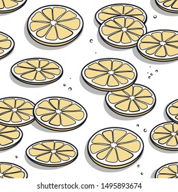 Seamless pattern with hand drawn lemon slices with shadows on a white background.