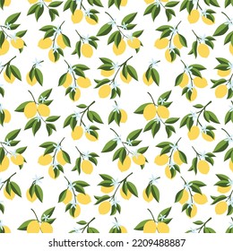 Seamless pattern of hand drawn lemon print. Floral print. Sketch Exotic tropical citrus fresh fruit, lemons branch with leaves and flowers. Vector cartoon minimalistic style illustration. Cute Doodle