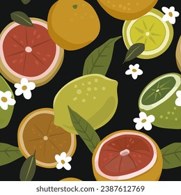 Seamless pattern with hand drawn lemon, orange and grapefruit on black background. Vector illustration