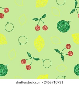 Nahtloses Muster mit handgezeichneter Zitrone, Kirsche, Wassermelone auf grünem Hintergrund im naiven Stil der Kinder.
