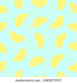 Seamless pattern with hand drawn lemon slace on blue background.