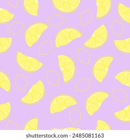 Seamless pattern with hand drawn lemon slace on purple background.