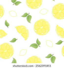 Seamless pattern with hand drawn lemon slice on white background. Fresh organic fruit, healthy, vegan, raw food.