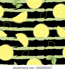 Seamless pattern with hand drawn lemon slice on striped background. Fresh organic fruit, healthy, vegan, raw food.