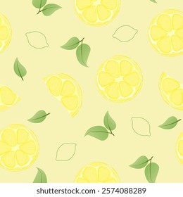 Seamless pattern with hand drawn lemon slice on yellow background. Fresh organic fruit, healthy, vegan, raw food.