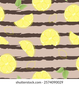 Seamless pattern with hand drawn lemon slice on striped background. Fresh organic fruit, healthy, vegan, raw food.