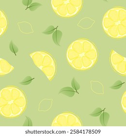 Seamless pattern with hand drawn lemon slice on green background. Fresh organic fruit, healthy, vegan, raw food.