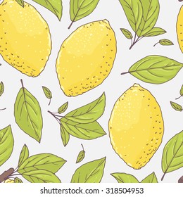 Seamless pattern with hand drawn lemon and leaves. Doodle fruit background for package or kitchen design. Vector illustration