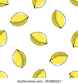 Seamless pattern with hand drawn lemon sketchy style on white background/ Doodle fruits/ Hand drawn vector illustration