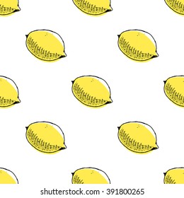 Seamless pattern with hand drawn lemon sketchy style on white background/ Doodle fruits/ Hand drawn vector illustration