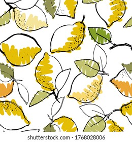 Seamless pattern with hand drawn lemons for surface design, posters, illustrations on white background. Healthy vegan food, tropical fruit theme