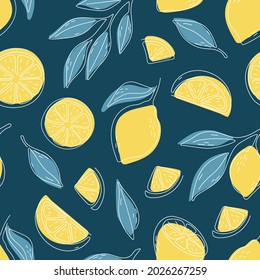 Seamless pattern of hand drawn lemons. Citrus fruit background. Perfect for textile wallpaper posters
