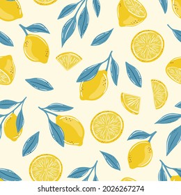 Seamless pattern of hand drawn lemons. Citrus fruit background. Perfect for textile wallpaper posters