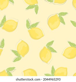 Seamless pattern with hand drawn lemons. Citrus fruits on a pastel yellow background. Background for textiles, kitchen utensils and wrapping paper, background for site

