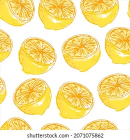 Seamless pattern with hand drawn lemons, sketchy design. Vector modern textured wallpaper.