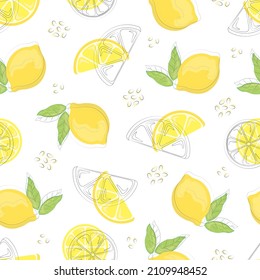 Seamless pattern with hand drawn lemons. Citrus fruits on a transparent background. Background for textiles, kitchen utensils and wrapping paper, background for site