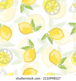 Seamless pattern with hand drawn lemons. Citrus fruits on a transparent background. Background for textiles, kitchen utensils and wrapping paper, background for site