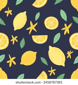 Patrón sin fisuras con limones dibujados a mano y rebanadas sobre fondo oscuro.