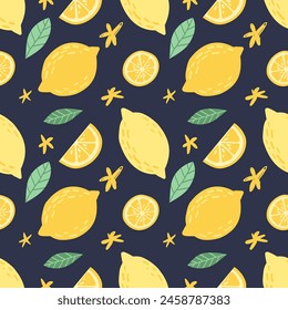 Seamless pattern with hand drawn lemons and slices on dark background.