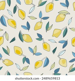 Seamless pattern with hand drawn lemons for textile design, home decor, visual communication, content, social media background, posters, illustrations. Healthy vegan food