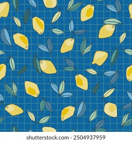 Seamless pattern with hand drawn lemons for textile, home decor, visual communication, content, social media background, posters, illustrations against a thin checkered background Healthy vegan food