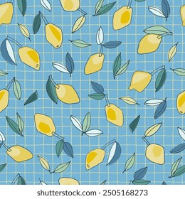 Seamless pattern with hand drawn lemons for textile, home decor, visual communication, content, social media background, posters, illustrations against a thin checkered background Healthy vegan food