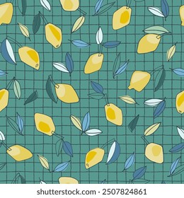 Seamless pattern with hand drawn lemons for textile, home decor, visual communication, content, social media background, posters, illustrations against a thin checkered background Healthy vegan food
