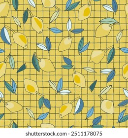 Seamless pattern with hand drawn lemons for textile, home decor, visual communication, content, social media background, posters, illustrations against a thin checkered background Healthy vegan food