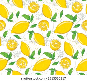 Seamless pattern of hand drawn lemons. Citrus fruit white background. Perfect for textile wallpaper posters