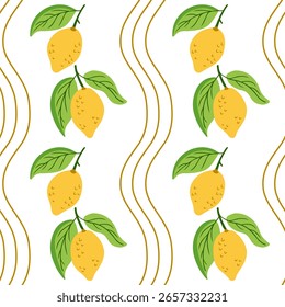 Seamless pattern of hand drawn lemons with green leaves and wavy golden lines on a white background. This vector represents freshness, summer vibes, and natural fruit design.