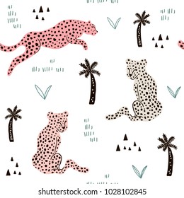 Seamless pattern with hand drawn leopards. Creative modern texture for fabric, wrapping, textile, wallpaper, apparel. Vector illustration