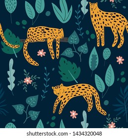 Seamless pattern with hand drawn leopards and tropical forest. Vector design for wrapping paper, textile. 