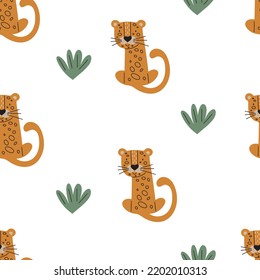 Seamless pattern with hand drawn leopards. Vector illustration isolated on white background for fabric, wrapping, textile, wallpapers, clothes.