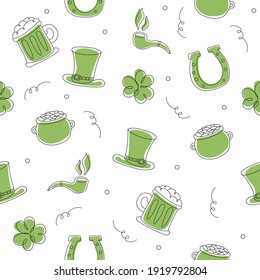 Seamless pattern with hand drawn leprechaun hat, clower, beer mug, golden coin pot sketch set for St. Patrick Day on white