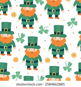 Seamless pattern with hand drawn leprechauns, shamrocks, and gold coins for St. Patrick’s Day. Ideal for fabric, textile, wrapping paper, wallpaper, and festive surface design