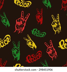 Seamless Pattern with Hand Drawn Lettering "Peace" and Fingers Giving Peace Sign. Vector Illustration in Rasta Colors.