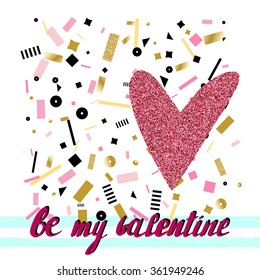Seamless pattern with hand drawn lettering stripes and red glitter heart, for wrapping, wallpaper, textile, invitation, wedding, valentines cards