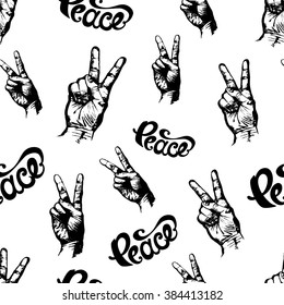 Seamless Pattern with Hand Drawn Lettering "Peace" and Hands with Two Fingers Up Gesture. Vector Black and White Illustration.