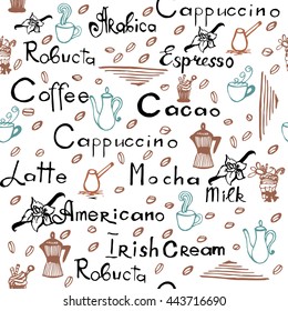 Seamless pattern of hand drawn lettering of coffee. Isolated on white. 