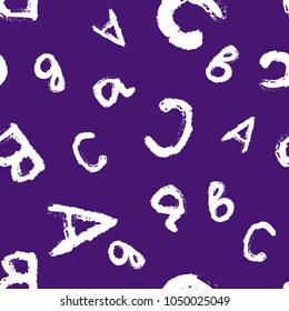 Seamless pattern with hand drawn letters. Handwritten vector alphabet isolated on ultra violet background. Trendy design element.