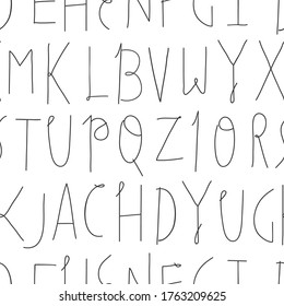 Seamless pattern with hand drawn letters. Black elements on white background. Cute vector design for children print, wrapping, wallpaper, scrapbook, cover texture.