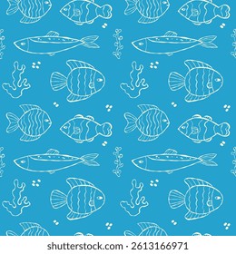 Seamless pattern with hand drawn light coloured doodle sea fish