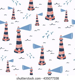 Seamless pattern with hand drawn lighthouse, waves and seagulls. Marine vector background

