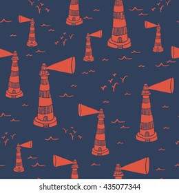 Seamless pattern with hand drawn lighthouse, waves and seagulls. Marine vector background

