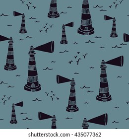 Seamless pattern with hand drawn lighthouse, waves and seagulls. Marine vector background

