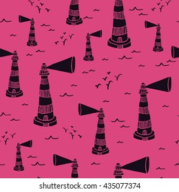 Seamless pattern with hand drawn lighthouse, waves and seagulls. Marine vector background

