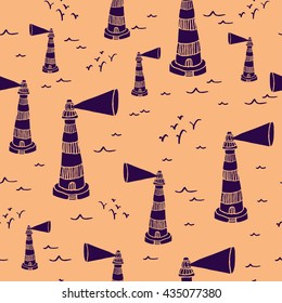 Seamless pattern with hand drawn lighthouse, waves and seagulls. Marine vector background

